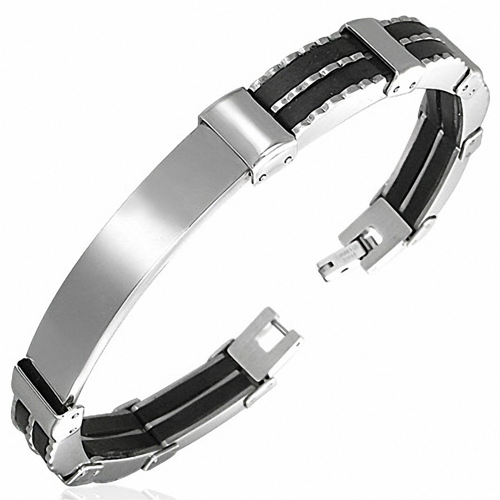 Bracelet en acier inoxydable avec bracelet en forme de montre gravable en caoutchouc noir B