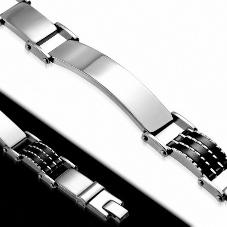 Bracelet d'identification en forme de montre gravable en acier inoxydable avec deux tons de caoutchouc noir A