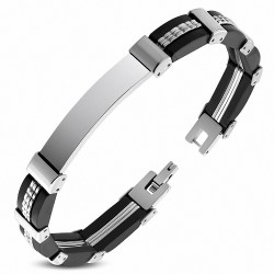 Bracelet en acier inoxydable avec bracelet d'identification à graver en caoutchouc noir