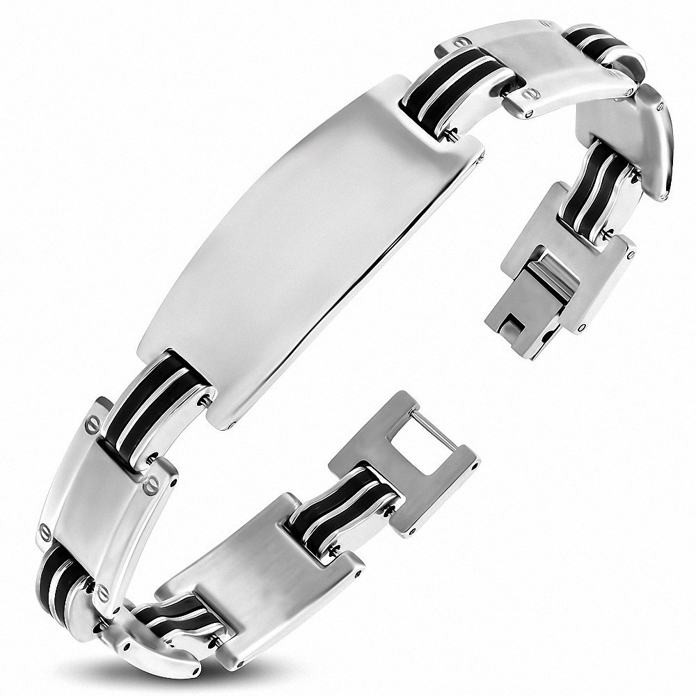 Bracelet en acier inoxydable avec bracelet en forme de montre gravable en caoutchouc noir C