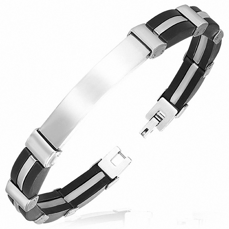 Bracelet en acier inoxydable avec bracelet en forme de montre gravable en caoutchouc noir D