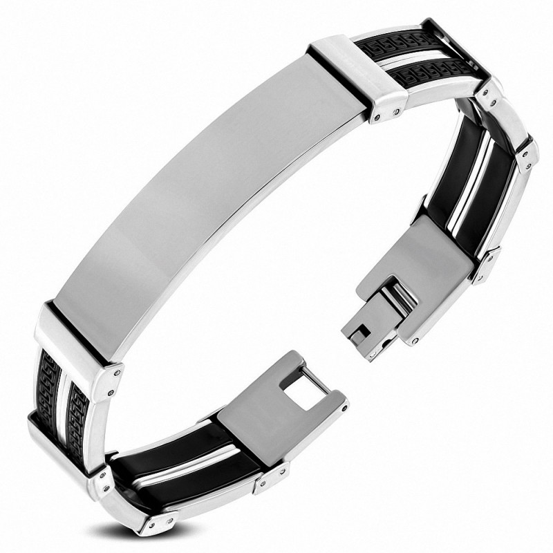 Bracelet en acier inoxydable avec montre grecque à graver en caoutchouc noir avec clé grecque