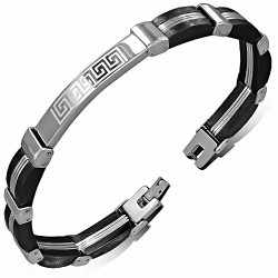 Bracelet style montre en acier inoxydable avec clé grecque à deux tons en caoutchouc noir