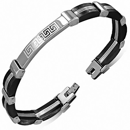 Bracelet style montre en acier inoxydable avec clé grecque à deux tons en caoutchouc noir