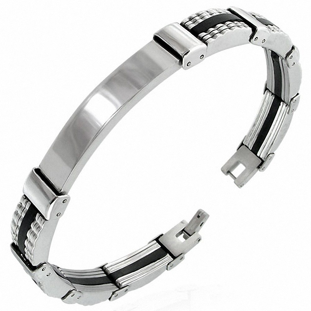 Bracelet en acier inoxydable avec bracelet en forme de montre gravable en caoutchouc noir H