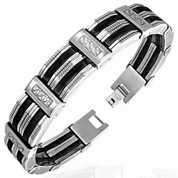 Bracelet lien en acier inoxydable avec bretelles croisées en caoutchouc noir
