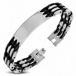 Bracelet en acier inoxydable avec bracelet en forme de montre gravable bicolore en caoutchouc noir A