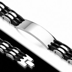 Bracelet en acier inoxydable avec bracelet en forme de montre gravable bicolore en caoutchouc noir A