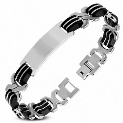 Bracelet en acier inoxydable avec bracelet en forme de montre gravable bicolore en caoutchouc noir B