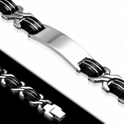 Bracelet en acier inoxydable avec bracelet en forme de montre gravable bicolore en caoutchouc noir B