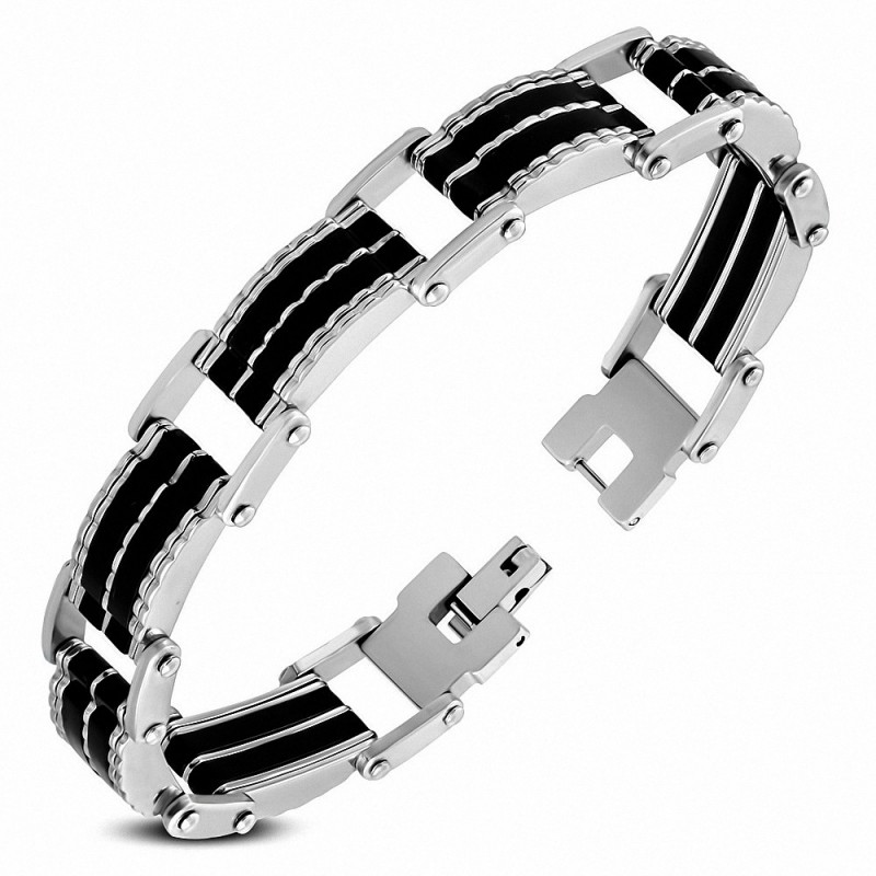 Bracelet à maillons  hommes en acier inoxydable avec caoutchouc noir géométrique 231