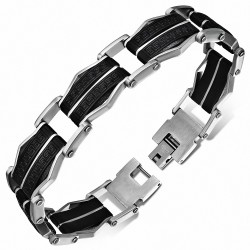 Bracelet à maillons en acier inoxydable avec caoutchouc noir et clés grecques