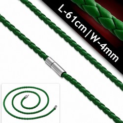 L-61cm W-4mm | Chaîne de cuir PVC tressé à simple brin  verte avec verrou en cuivre