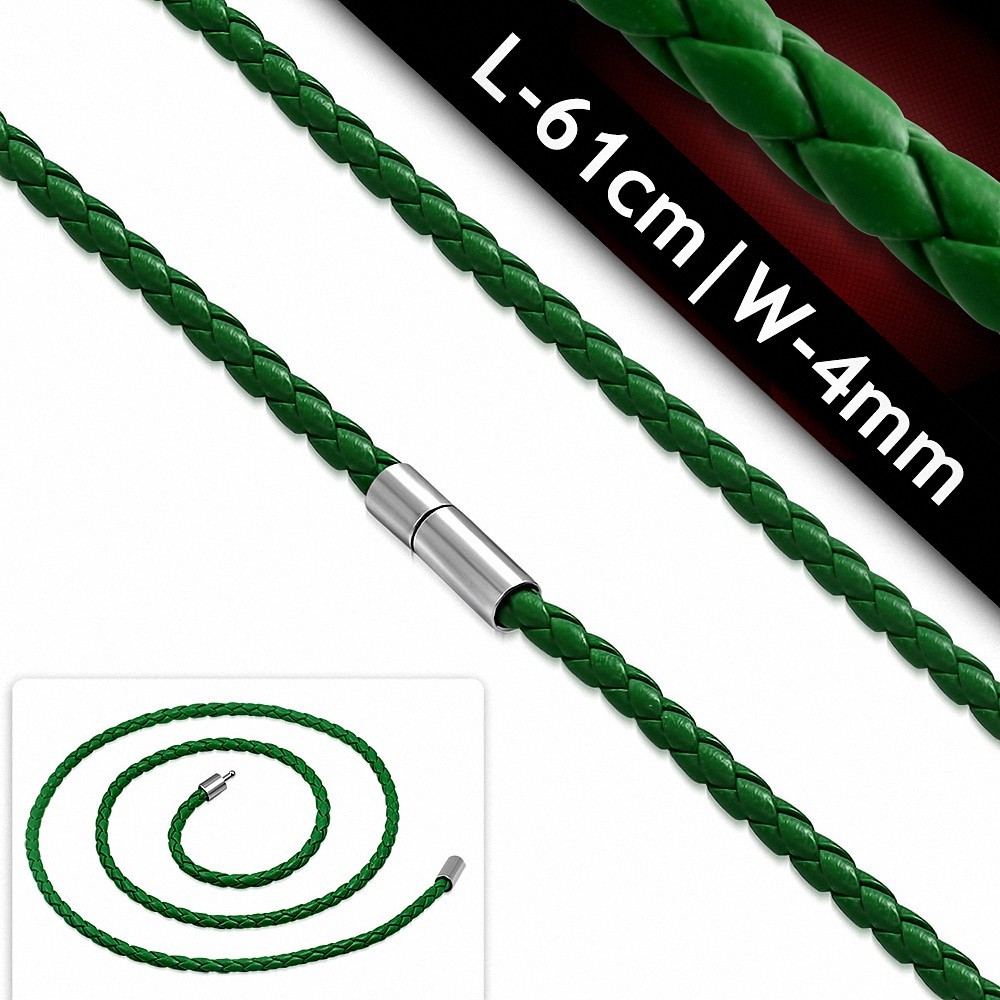 L-61cm W-4mm | Chaîne de cuir PVC tressé à simple brin  verte avec verrou en cuivre