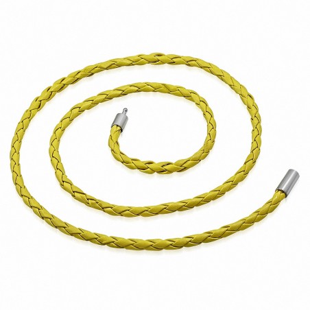 L-60cm W-4mm | Chaîne de cuir tressé jaune simple chaîne en cuir de PVC avec serrure en cuivre