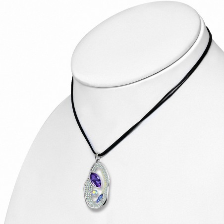 Collier de corde et pendentif ovoïforme alliage avec or blanc et cristaux violets