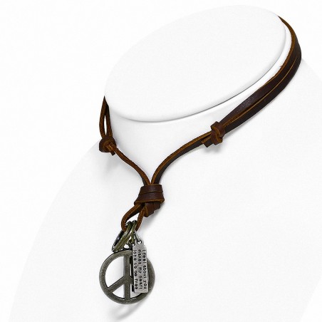 Alliage signe de la paix croix bague tag charm réglable en cuir brun collier