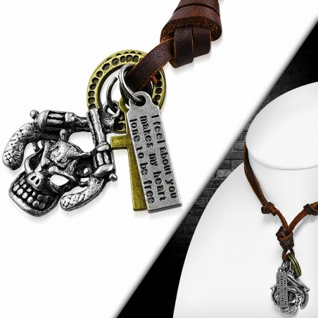 Alliage croix bagues pistolet vampire tireur crâne tag charm réglable en cuir brun collier motard