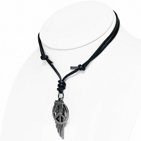 Collier en cuir noir ajustable avec pendentif en forme de signe de paix en Alliage