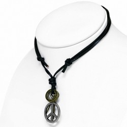 Alliage tag bague signe de la paix charm réglable collier en cuir noir