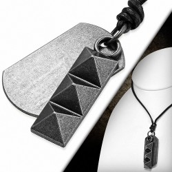 Collier ajustable en cuir noir avec pendentif en alliage plaque et triple pyramide