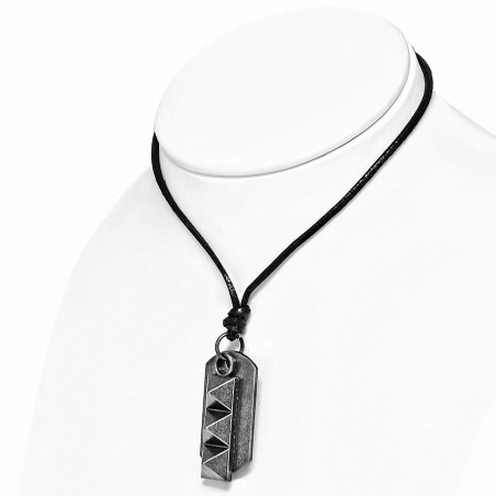 Collier ajustable en cuir noir avec pendentif en alliage plaque et triple pyramide