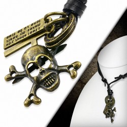 Alliage Pirate Skull Crossbones Tag Ring Charm Collier de motard en cuir réglable