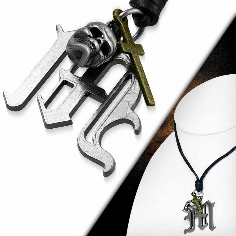 Crâne en Alliage Croix Lettre de gothique allemand Alphabet M charm réglable en cuir Biker Collier