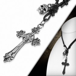 Alliage gothique crâne crucifix fleur de lis croix charm réglable collier de motard en cuir noir en cuir