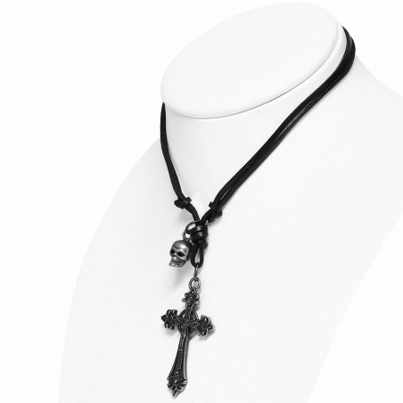 Alliage gothique crâne crucifix fleur de lis croix charm réglable collier de motard en cuir noir en cuir