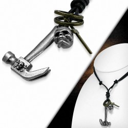 Alliage crâne marteau croix anneau charm réglable collier de motard en cuir noir