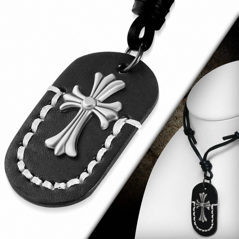 Collier réglable en cuir noir avec breloques en alliage fantaisie Fleur De Lis en Alliage