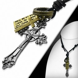 Alliage de croix avec collier en cuir noir réglable en forme de croix de fleur de lis