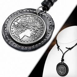 Collier en cuir noir avec pendentif cercle en argent  en alliage Morgan