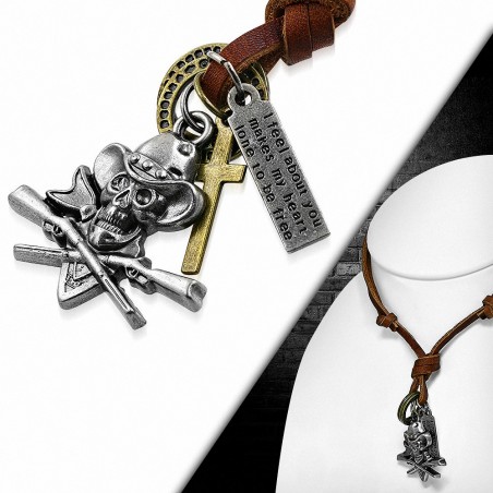 Crâne de pirate en alliage Fashion Crossed Gun Ring Tag Charm réglable collier de motard en cuir marron