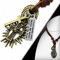 Alliage étoile croix médiévale spiky anneau ovale étiquette charm réglable en cuir brun collier