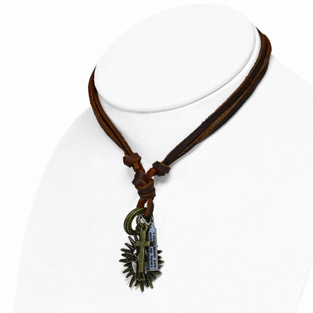 Alliage étoile croix médiévale spiky anneau ovale étiquette charm réglable en cuir brun collier