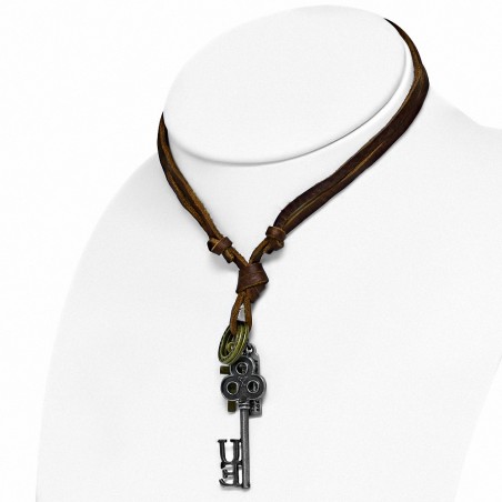 Alliage croix clé charm collier réglable en cuir marron