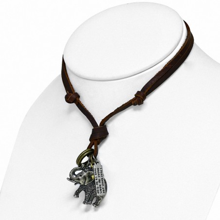 Alliage alliage croix anneau tag charm réglable en cuir brun collier
