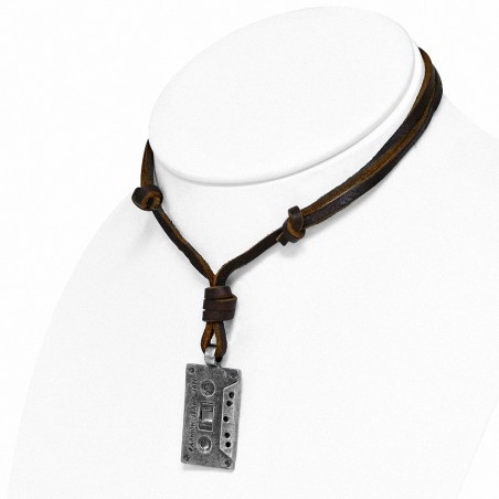 Collier réglable en cuir avec breloque cassette en alliage fashion