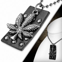 Alliage Marijuana Ganja Feuille Cercle Stud en cuir noir Tag Charm boule militaire Lien chaîne collier