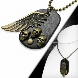 Alliage alliage de crâne d'aile en cuir noir Tag Charm collier de motard de boule militaire lien chaîne