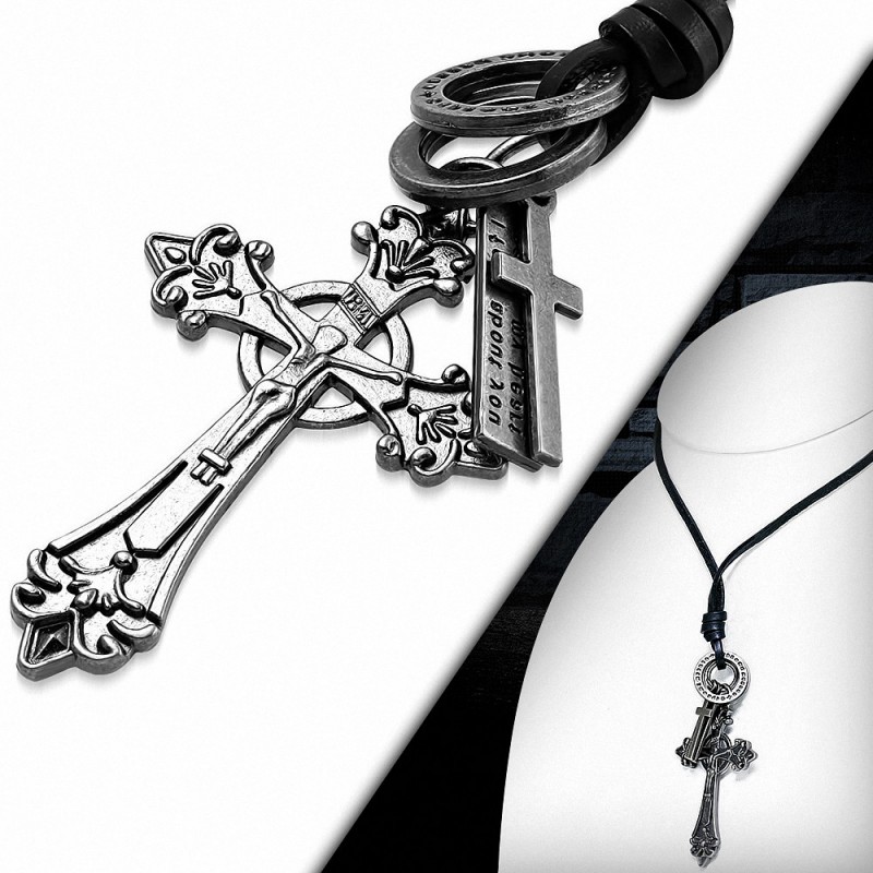 Alliage alliances crucifix fleur de lis bague de collier en cuir noir collier en cuir