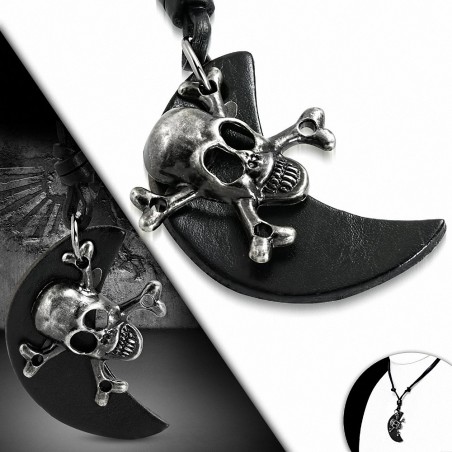 Collier en cuir noir avec breloque croissant de demi-lune et croûte de crâne en Alliage