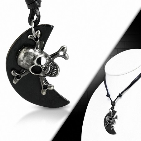 Collier en cuir noir avec breloque croissant de demi-lune et croûte de crâne en Alliage