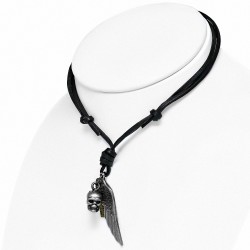 Collier en cuir noir avec breloque en alliage de plumes d'aile de crâne alliage fantaisie