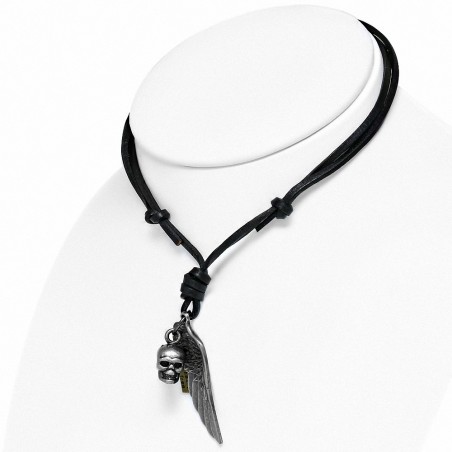 Collier en cuir noir avec breloque en alliage de plumes d'aile de crâne alliage fantaisie