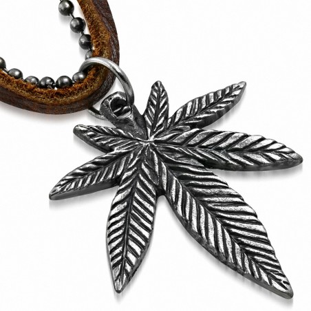 Alliage érable / marijuana ganja feuille charm militaire lien chaîne collier en cuir