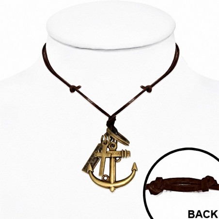 Alliage alliage marin croix anneau tag charm réglable collier en cuir noir