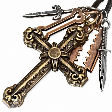 Alliage lame de rasoir clé clé couteau fleur croix charm réglable en cuir noir collier